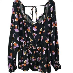 Ava & Viv Black Floral Peasant Blouse with Purple and Orange Accents